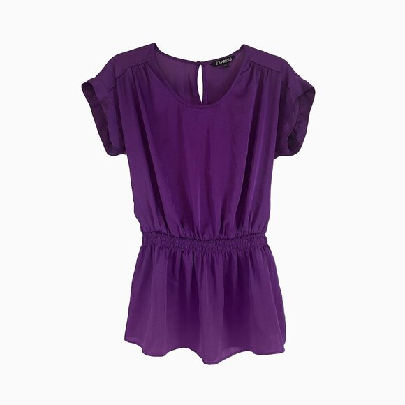 Express Purple Satin Scoop Neck Top Keyhole Elastic Waist Boho Y2K Dk Fairy Sz S - Picture 1 of 7